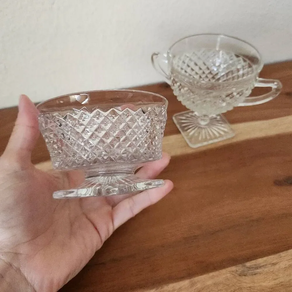 Vintage depression etched glass set of two sugar bowl diamond geometric square